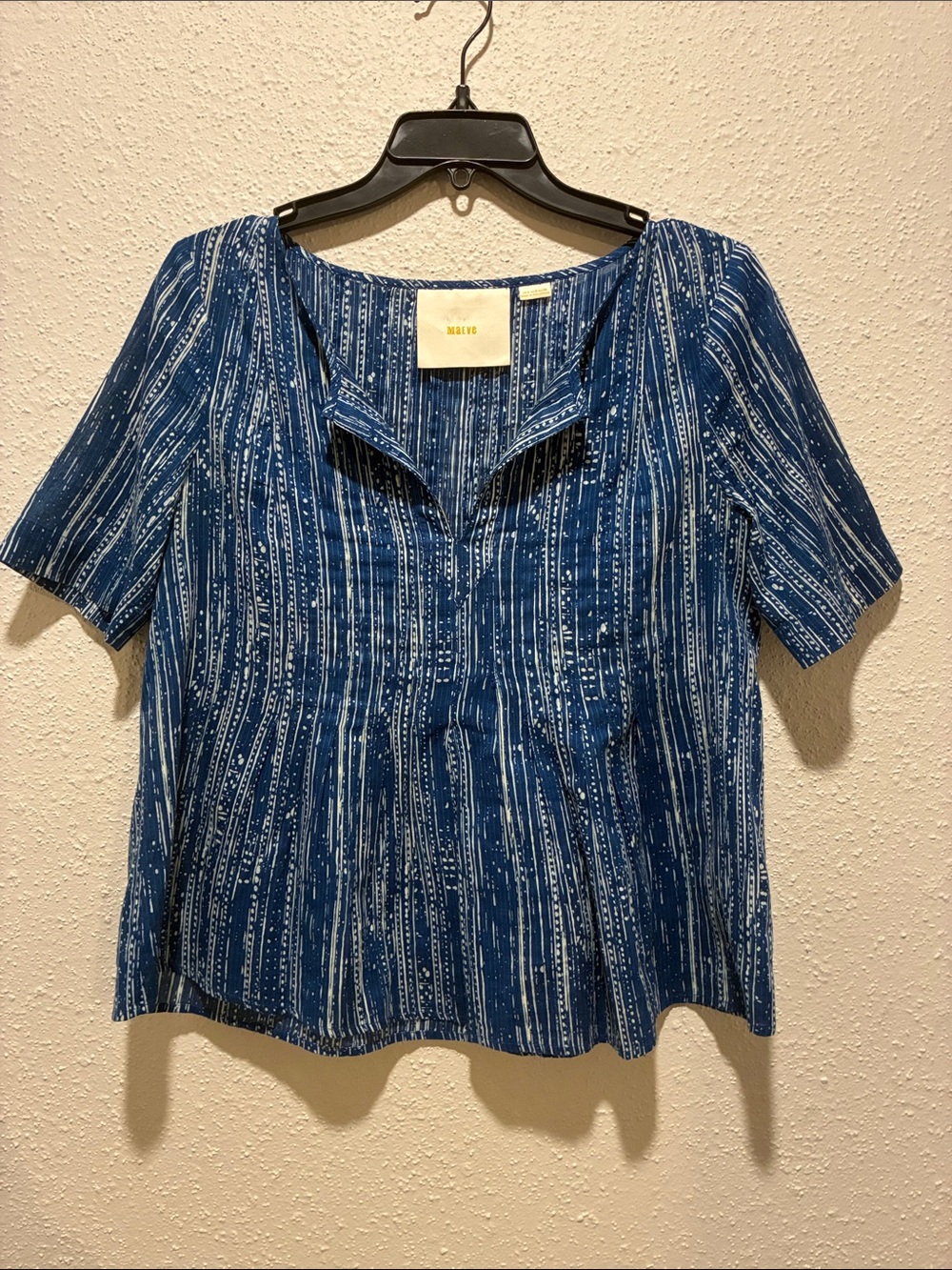 Maeve Indigo Striped Split-Neck Blouse